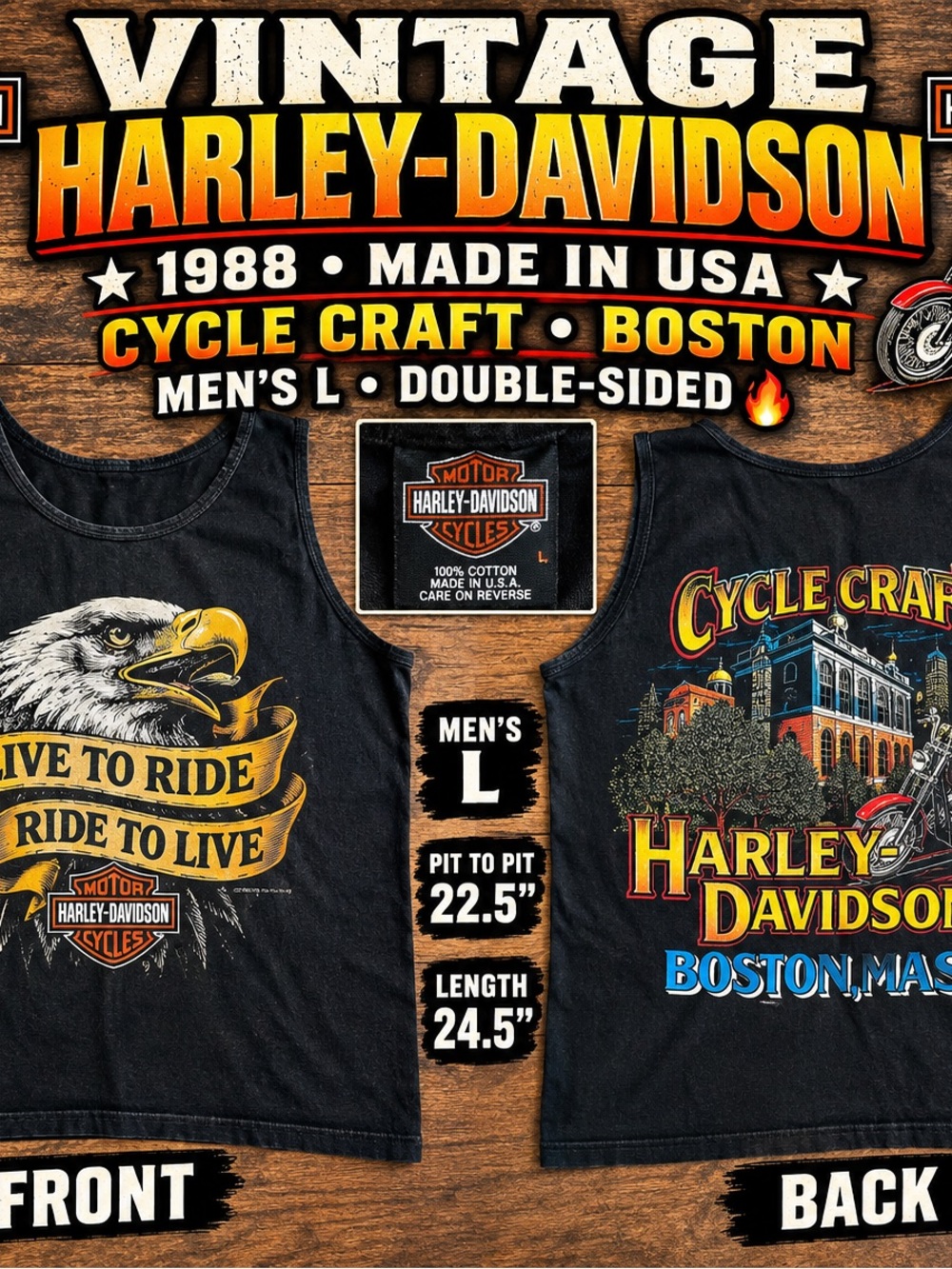 1988 Harley Davidson Tank Top Vintage Cycle Craft Boston USA Made Men L Biker